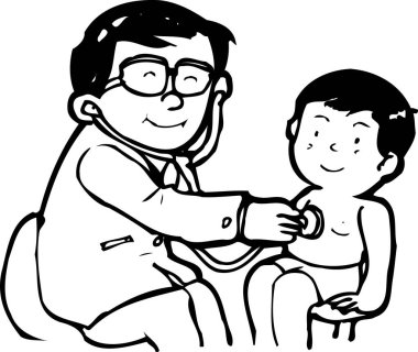 Hasta çocuğu muayene eden doktorun çizgi film çizimi