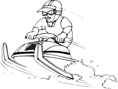 Kar motosikleti süren kasklı adam, beyaz üzerinde izole edilmiş.