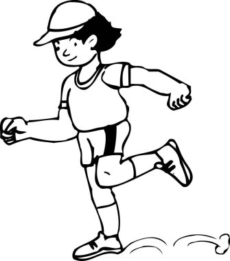 Beyaz arka planda koşan bir çizgi film çocuğu. 