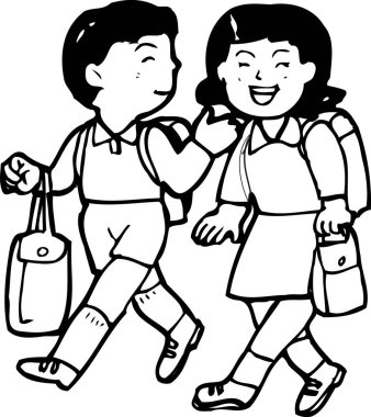  Çizim. Okula giden çocukların çizgi filmi. 