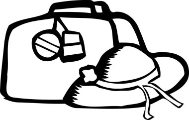 Yazlık hasır şapkalı çanta, beyaz arkaplanda izole edilmiş siyah beyaz resim