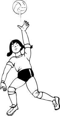 Voleybol oynayan kız, beyaz arka planda izole edilmiş siyah beyaz çizimler.