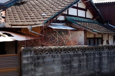 Japon köyünde çatısı olan eski bir ev.