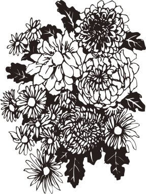 Çiçeklerin siyah beyaz çizimi