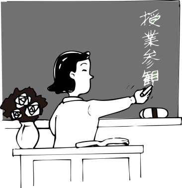 Kadın öğretmen beyaz arkaplana yazı yazıyor.