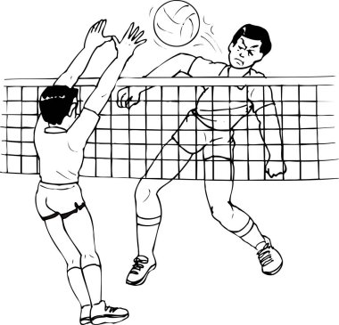 Voleybol oynayan iki adamın resmi.