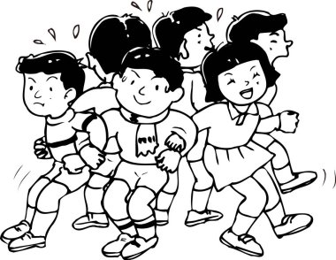 Okullu kızlar ve eğlenen bir oğlanın siyah-beyaz çizimi