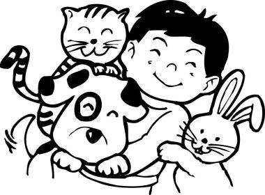 Gülümseyen çocuk, kedi ve tavşanı kucaklıyor.