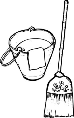 Kova ve süpürge, beyaz arkaplanda izole edilmiş basit siyah ve beyaz çizimler