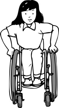Tekerlekli sandalyedeki kadın, beyaz arka planda izole edilmiş siyah beyaz bir resim.