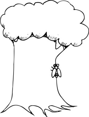 Büyük ağaçtaki arı, beyaz arkaplanda izole edilmiş basit siyah beyaz çizim.