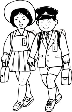  liseli kız ve okul çocuğu yürüyor. 