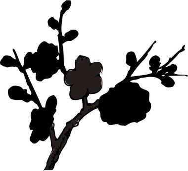 Yaprakları ve çiçekleri olan ağaç dalları, beyaz arka planda izole edilmiş siyah siluet 