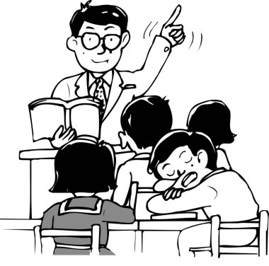 Okulda bir karikatür öğretmeninin resmi.