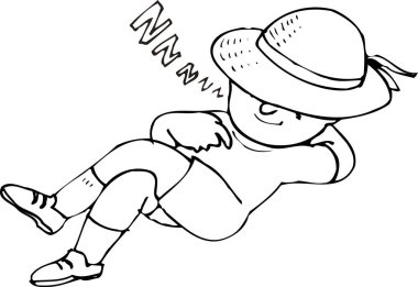 Çimlerde uyuyan bir çocuğun çizgi film çizimi. 