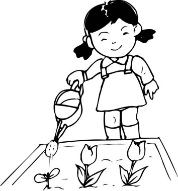 Çiçekleri sulandıran beyaz arka planda bir kız 