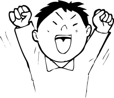 Mutlu siyah beyaz çizgi film çocuğu elleri havada