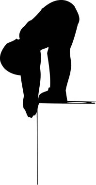 Suya dalmaya hazırlanan adam, beyaz arka planda izole edilmiş siyah beyaz bir illüstrasyon.