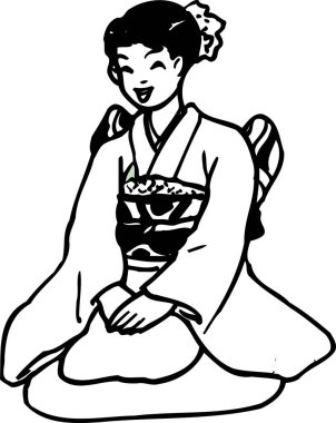 Beyaz arka planda geleneksel kimono giyen güzel bir Japon kadının resmi.