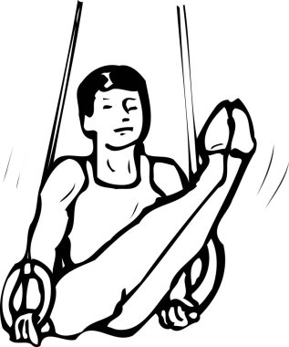  Jimnastikçi halkalarda yatay bacak yükseltme yapıyor, beyaz arkaplanda izole siyah ve beyaz çizimler var.