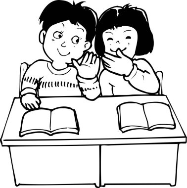 İki çocuk sıralarda otururken fısıldıyor.