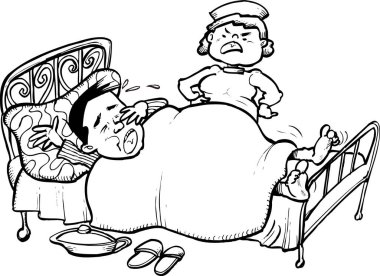 Adam yatakta beceriksizce uzanırken esniyor.