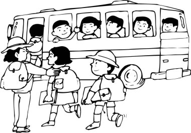 Çocuklar beyaz arka planda otobüsle okula gidiyor.