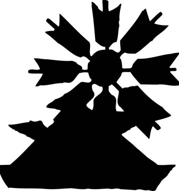 Beyaz arka planda izole edilmiş, altı tüy şekilli bıçaklı, sade siyah ve beyaz çizimli yel değirmeni