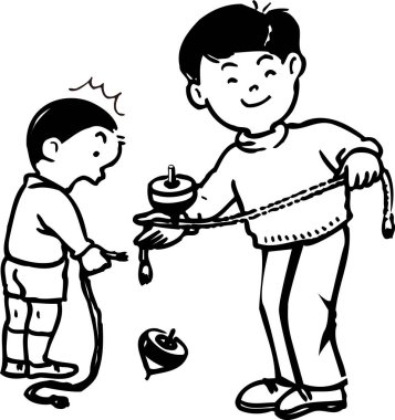 İki çocuk birlikte dönen toplarla oynuyorlar.