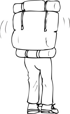 Sırt çantalı karikatürist, beyaz arkaplanda izole edilmiş siyah beyaz çizim