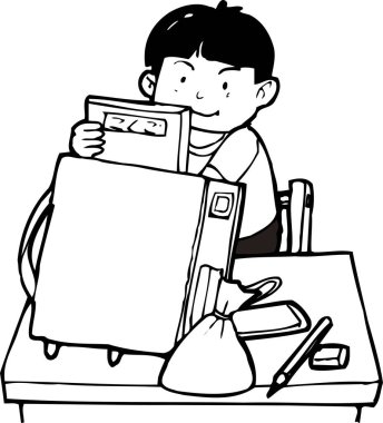 Çocuk kitabı okul çantasından al, beyaz arka planda izole edilmiş siyah beyaz bir resim.