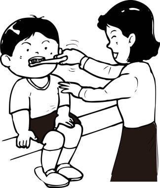 Dişlerini fırçalayan genç çocuğa yardım eden kadın.