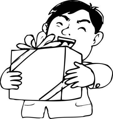 Elinde hediye kutusu olan bir adamın siyah beyaz karikatürü.