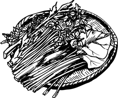 Yemek çubuklarıyla servis edilen sebze ve sebze tabağı bu çizginin sanat resimlerinde gösteriliyor..