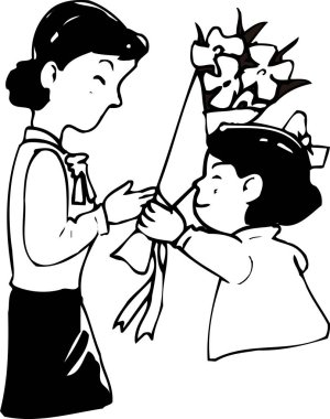 Gülümseyen kadın, genç kızdan çiçek alıyor.