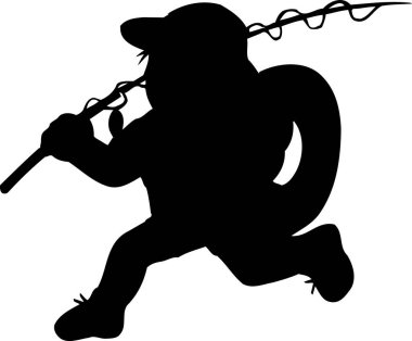 Olta kamışlı bir adamın silüeti, beyaz arka planda izole edilmiş siyah beyaz bir resim.