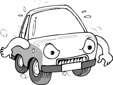 Kızgın yüzlü komik çizgi film arabası, beyaz arka planda izole edilmiş basit siyah beyaz çizim.