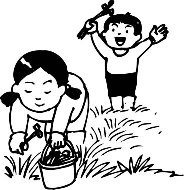 Çocuklar çimenlik alanda mutlu bir şekilde nesneler topluyor