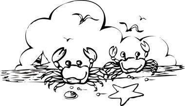 Beyaz arka planda iki deniz yengecinin siyah-beyaz çizimi