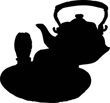 Bir çaydanlığın siyah silueti ve bir fincan çay tabağının üstünde.