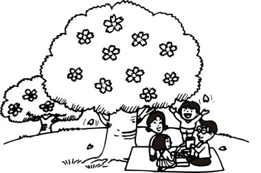 Doğada ebeveynleriyle oynayan bir grup çocuğun siyah beyaz çizimi.