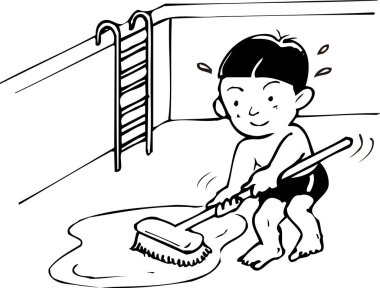 Yüzme havuzunu temizleyen bir çocuğun çizgi film çizimi. 