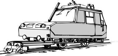 Çizgi çizimi, tren raylarında çalışmak üzere tasarlanmış küçük bir teftiş aracını gösteriyor..