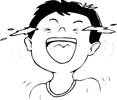 Siyah beyaz çizgi film resimlerinde çocuğun gülüşü, boyama kitabı sayfası