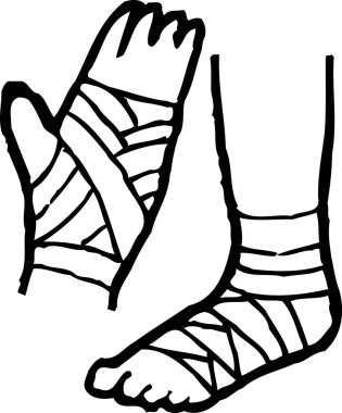 Yaralı bir elin ve bandaja sarılı bir bileğin çizimi..