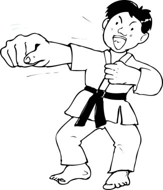 Gi ve siyah kuşak takan ve yumruk atan bir karate öğrencisinin resmi..