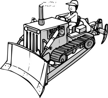 Çizgi çizimi, bir kişinin buldozer kullandığını gösteriyor. Geniş bir ön bıçağı ve sürekli izleri var..