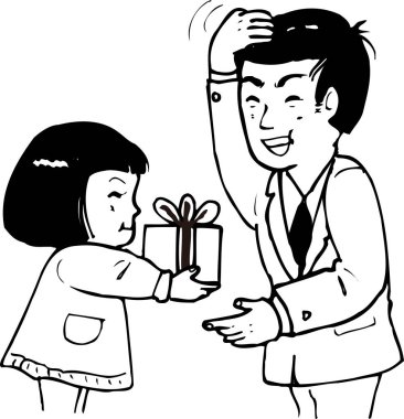 Baba kızından hediye paketi alıyor. 