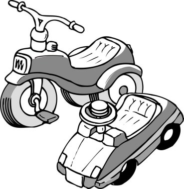 Çizgi çizimi küçük bir bisiklet ve oturaklı bir oyuncak araba gösteriyor..