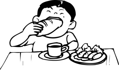  Masada sandviç yiyen bir adamın çizgi filmi. 